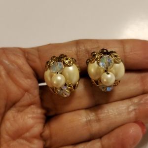 Earrings, Clip, Antique, pearls and crystals